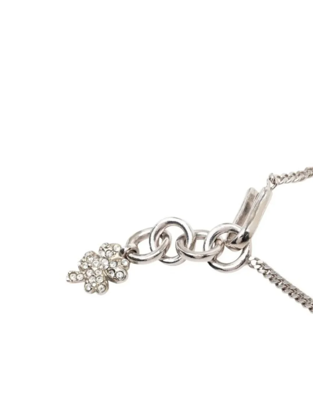 Chanel Clover Motif Chain Necklace Silver Metal Rhinestone